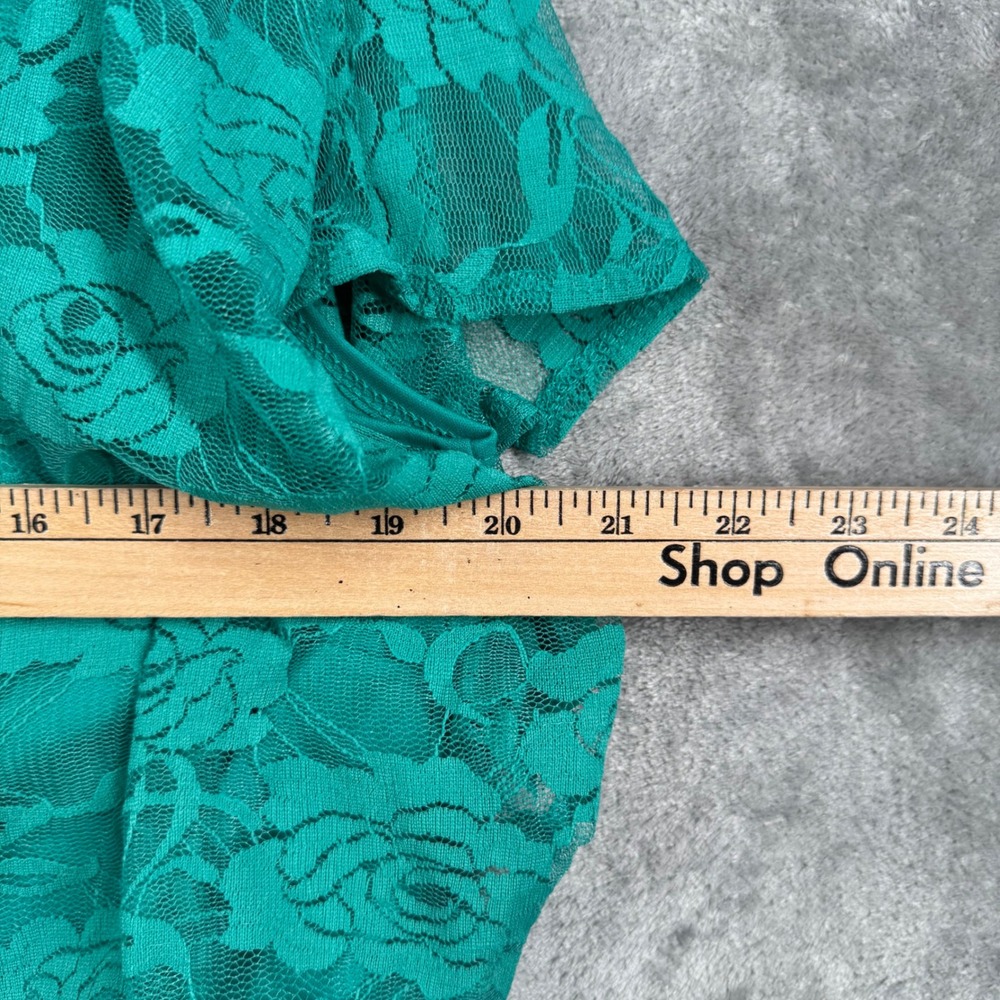 AB Studio Blouse L Green Lace Blouson Top Sheer Lined Overlay Banded Waist‎ Chic - Picture 12 of 12